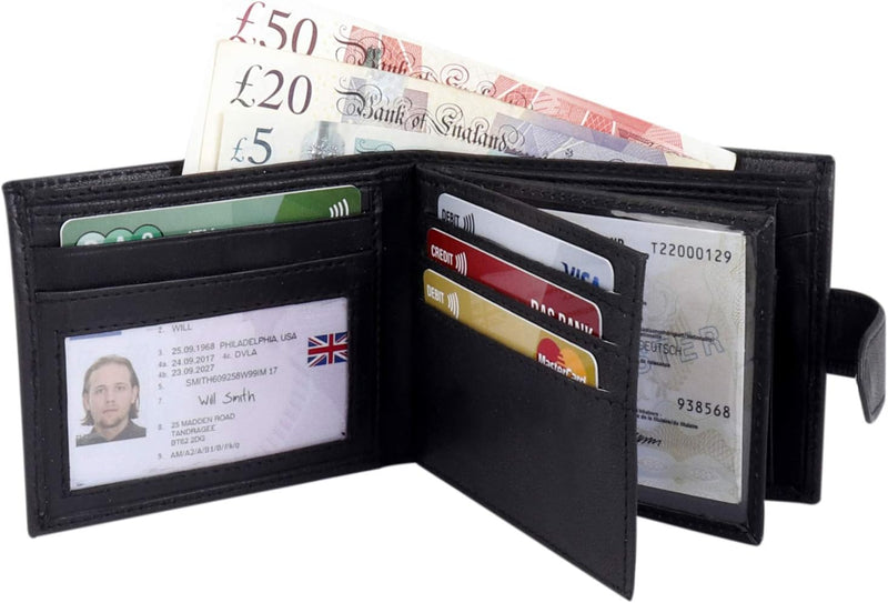 Black Real Leather Wallets for Men - RFID Blocking Wallet Men UK - Bifold Card Case Purse Wallet with 3 Clear ID Window Pockets and Coin Pouch