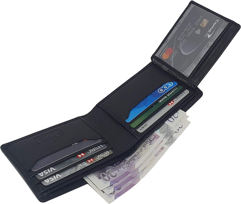 MORUCHA Mens Black RFID Blocking Wallet with External Quick Tap & Go Card Pocket Slim Genuine Leather Billfold 2 ID Card Holder Wallet M-130 Black