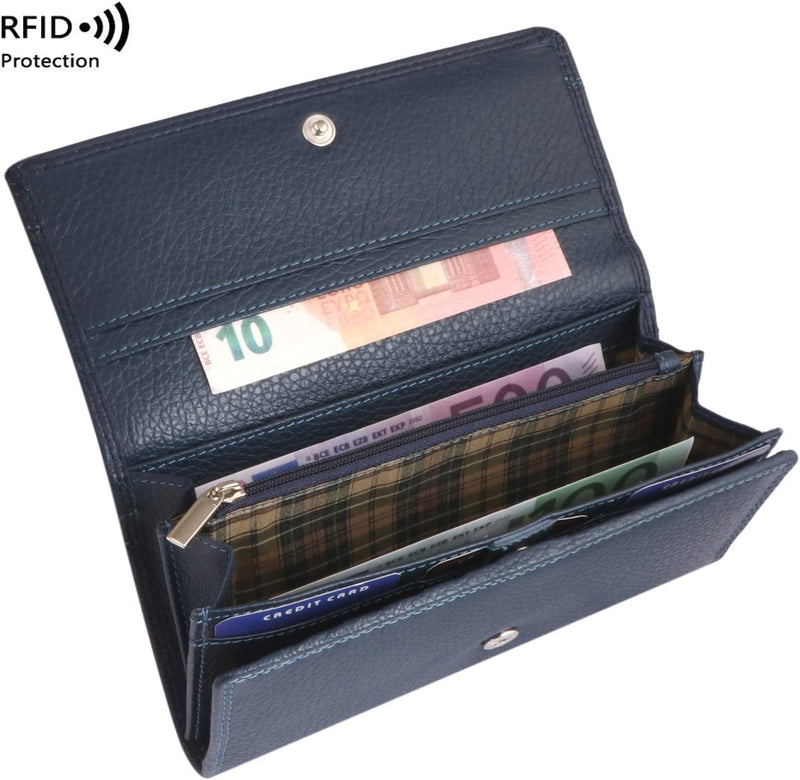 MORUCHA Antitheft RFID Protection Purse Ladies Soft Genuine Leather Flap Over Multi Credit Cardholder Money Organiser Long Clutch Wallet (Navy Blue)