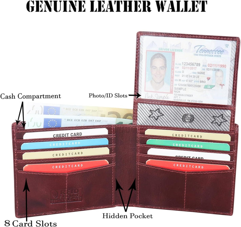 MORUCHA Mens RFID Blocking Real Soft Leather Passcase Wallet M-115 Burgundy