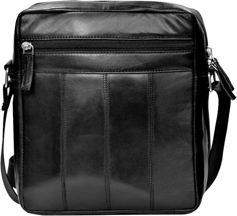 RAS Real Leather Handbag, Cross Body Shoulder Bag, Messenger Bag with 4 Zipped Compartments, Adjustable Single Shoulder Strap for Men’s Women (Black)