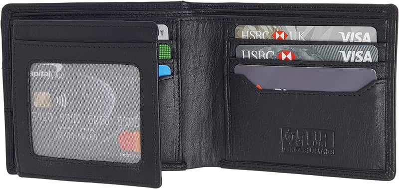 MORUCHA Mens Black RFID Blocking Wallet with External Quick Tap & Go Card Pocket Slim Genuine Leather Billfold 2 ID Card Holder Wallet M-130 Black