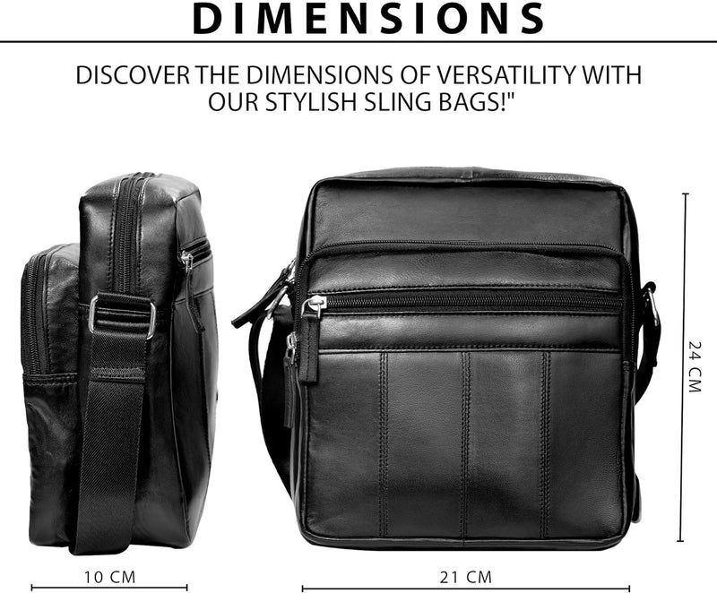 RAS Real Leather Handbag, Cross Body Shoulder Bag, Messenger Bag with 4 Zipped Compartments, Adjustable Single Shoulder Strap for Men’s Women (Black)