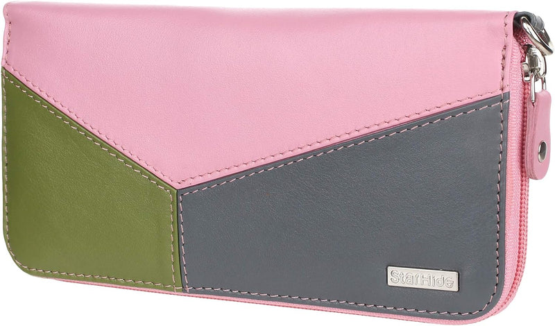 STARHIDE RFID Blocking Multicolored Women's Wallet - Genuine Slim Leather Cardholder Purse with Full Zip Closure, Detachable Wrist Strap, and Stylish Design 5610 (Pink/Grey/Green)