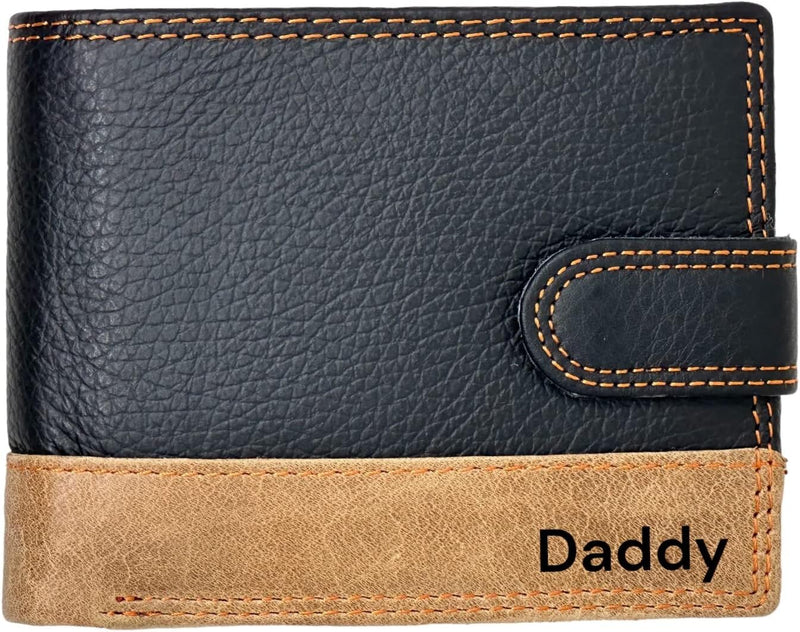 MORUCHA Personalised Wallet Men | Custom Engraved Wallets for Men UK | Genuine Soft Leather Wallet | Built in RFID Blocking | Engraved Gift for Him END-2015 (Black/Tan)