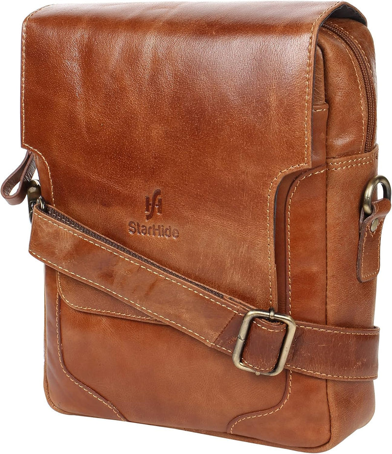 STARHIDE Mens Ladies Soft Premium Oil Tanned Leather Shoulder Cross Body Bag with Front Flip Opening 580 (Tan)