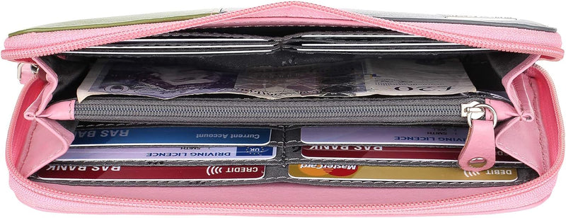 STARHIDE RFID Blocking Multicolored Women's Wallet - Genuine Slim Leather Cardholder Purse with Full Zip Closure, Detachable Wrist Strap, and Stylish Design 5610 (Pink/Grey/Green)