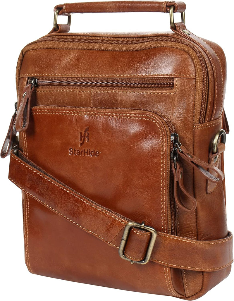 STARHIDE Mens Womens Oil Tanned Genuine Leather Travel Messenger Bag For Ipad Tablet 575 (Tan)