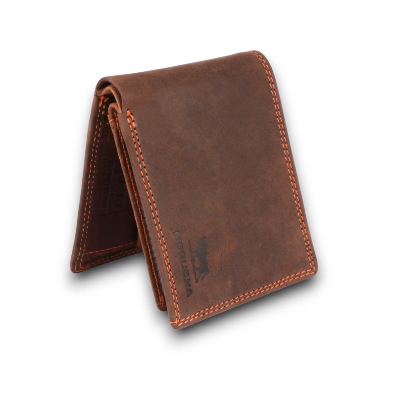 Morucha Mens Genuine Distressed Hunter Leather RFID Blocking Billfold Wallet M20 Dark Brown