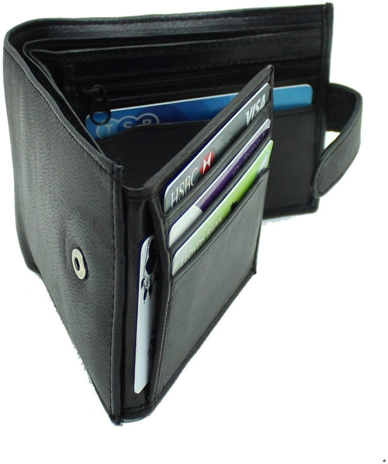 RAS Mens Black Wallets Slim RFID Blocking Genuine Leather Trifold Wallet Card Holder with Zipper Coin Pocket and ID Window Pocket