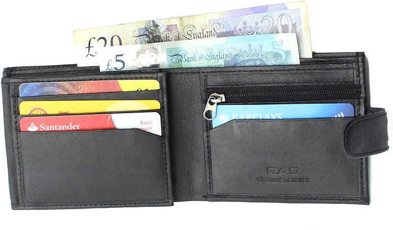 RAS Mens Black Wallets Slim RFID Blocking Genuine Leather Trifold Wallet Card Holder with Zipper Coin Pocket and ID Window Pocket