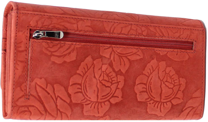 StarHide Womens RFID Protected Embossed Floral Purse Distressed Hunter Leather 5580 (Red)