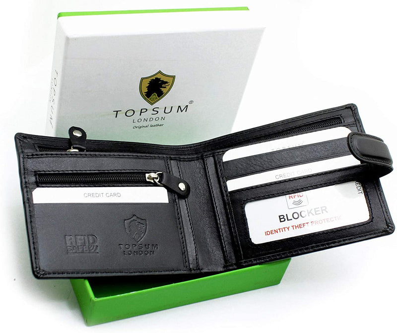 TOPSUM LONDON Mens RFID Blocking Leather Bifold Wallet With A Zipped Coin Pocket 4003 Black