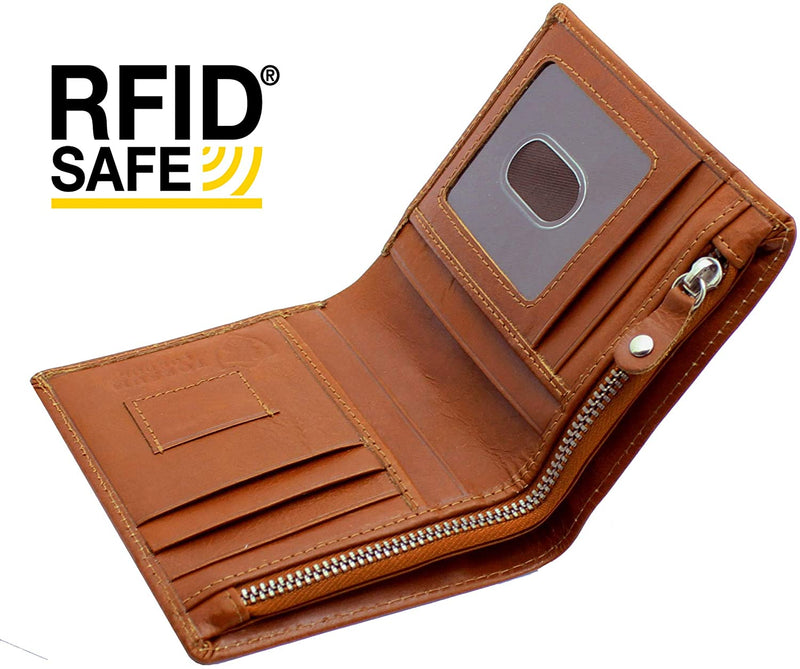 TOPSUM LONDON Mens RFID Blocking Real Leather Zipper Wallet 4016 Tan