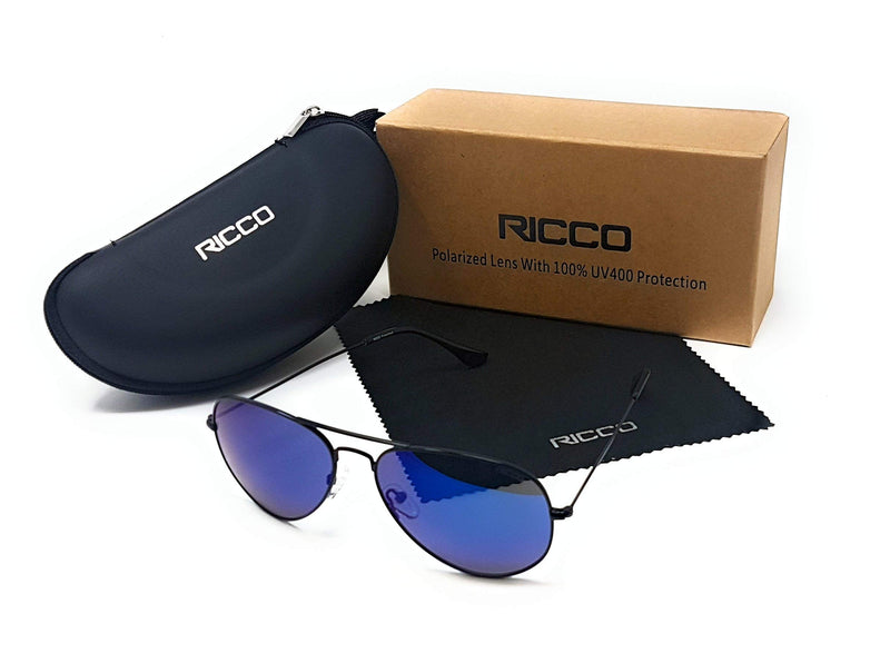 RICCO Eyewear Mirrored Lens Polarized UV 400 Protection Metal Frame Sunglasses With Zipped Cary Case And Cleaning Cloth MS1043