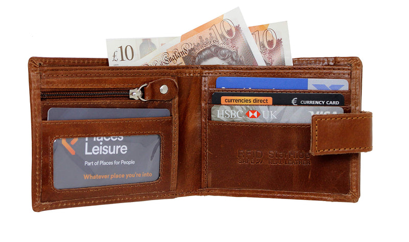 STARHIDE Mens Genuine Distressed Leather RFID Blocking Wallet With Zipped Coin Pocket On The Side 1180 Tan