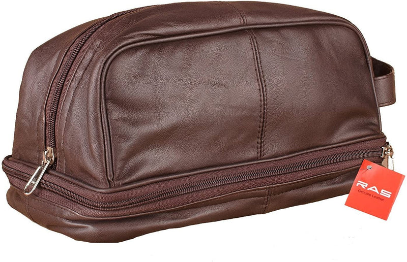 RAS WALLETS Mens Ladies Large Genuine Leather Travel Overnight Wash Gym Toiletry Cosmetic Shaving Bag with Carry Handle 3530