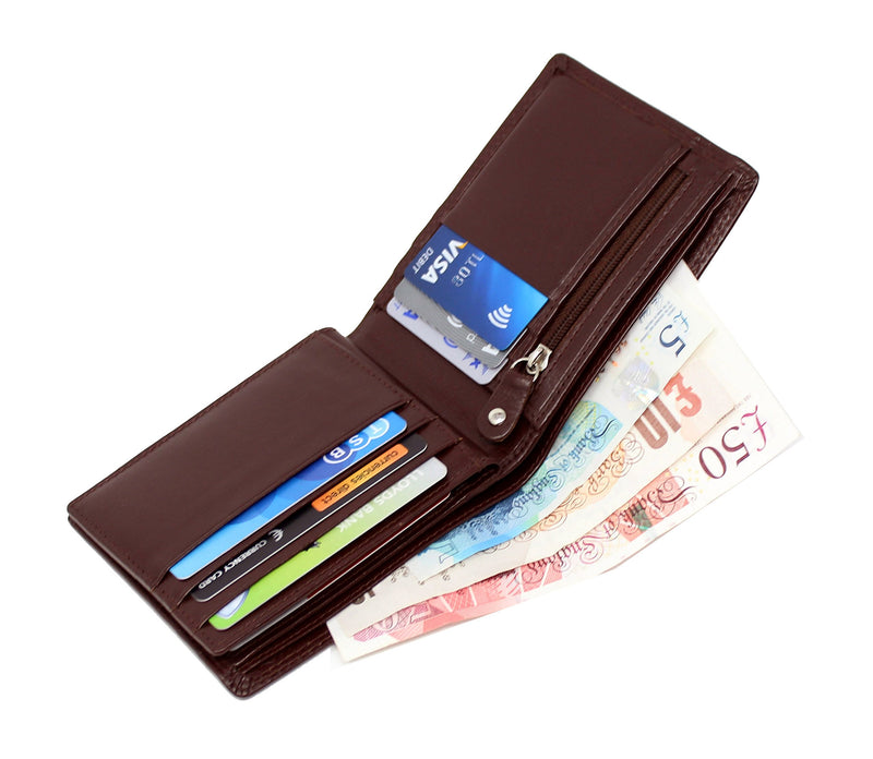 TOPSUM LONDON Mens RFID Blocking Soft Vt Leather Trifold Wallet With A Zipped Coin Pocket 4015