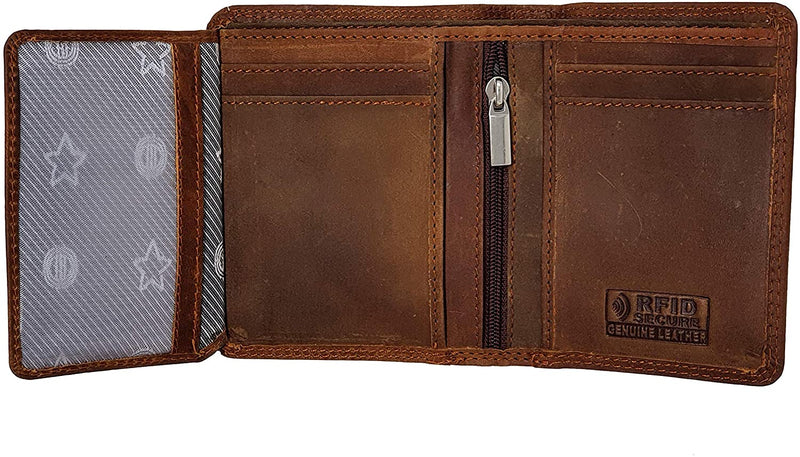 MORUCHA Mens RFID Blocking Compact Genuine Distressed Hunter Leather Trifold Wallet M45 Brown