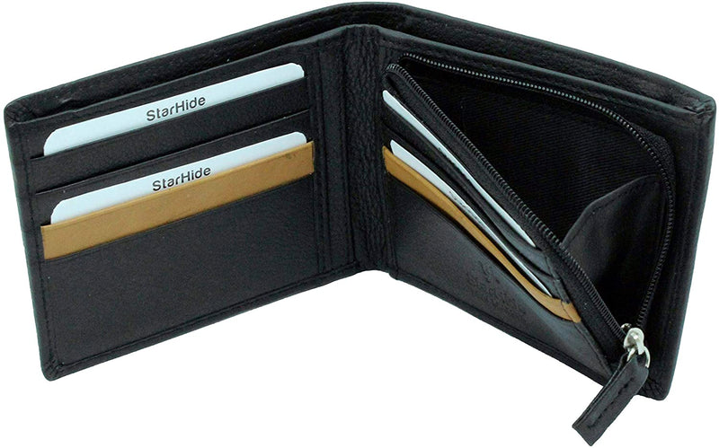 Mens RFID Blocking Soft Nappa Leather Zip Coin Pocket Bifold Wallet 110 Black