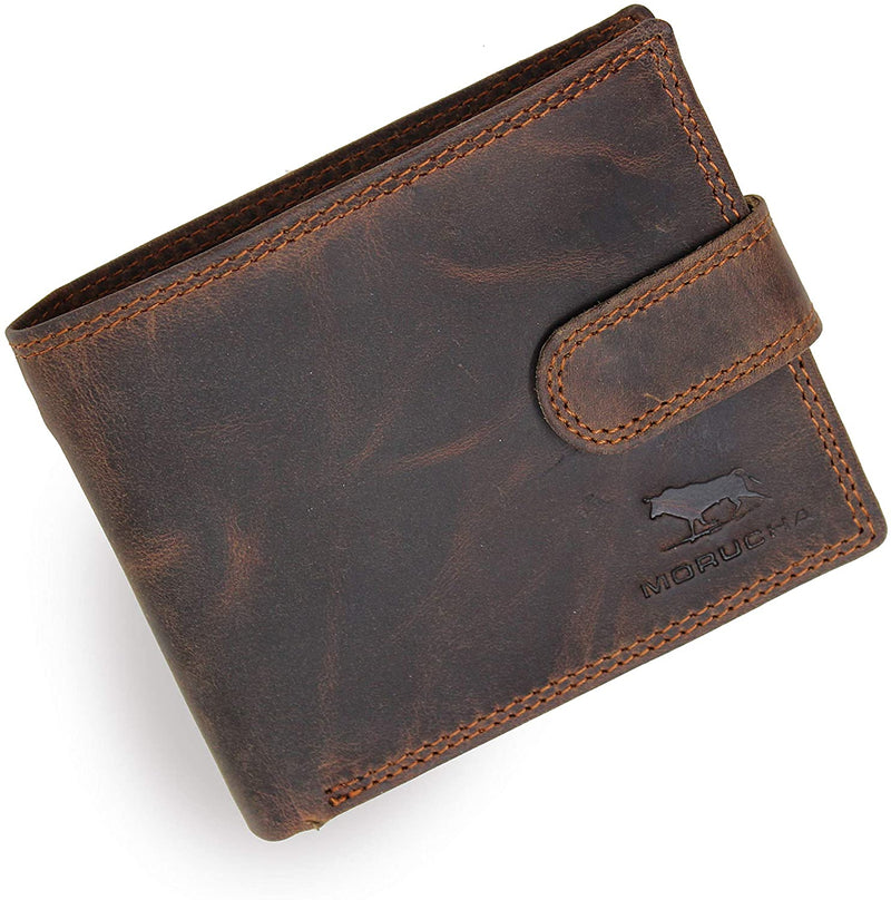 MORUCHA Mens RFID Blocking Real Distressed Hunter Leather Passcase Wallet M80 Dark Brown