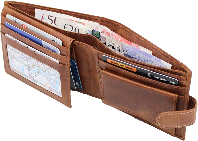 TOPSUM LONDON Mens Distressed Genuine Leather RFID Blocking Notecase Wallet with Flip Up Id Pocket 4021 Tan