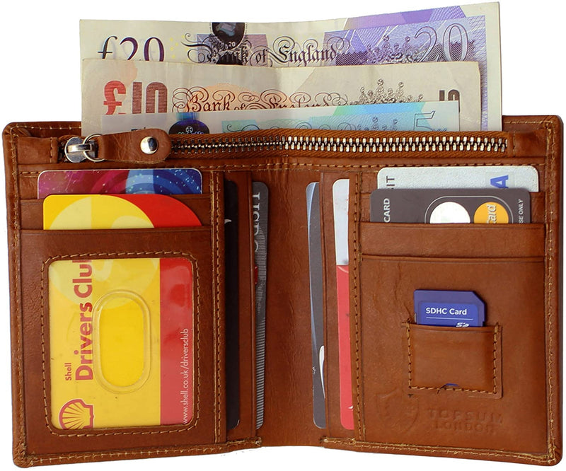 TOPSUM LONDON Mens RFID Blocking Real Leather Zipper Wallet 4016 Tan