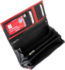 STARHIDE Women RFID Blocking Soft Real Leather Long Flap Over Purse Multiple Credit Card Slots 370 Black Red