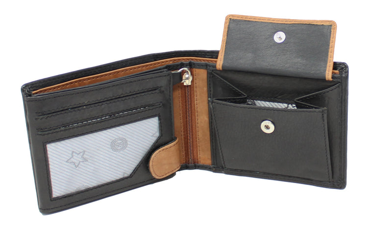 MORUCHA Mens RFID Blocking Real Leather Trifold Passcase Wallet M60 (Black Tan)