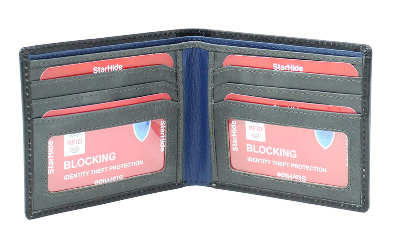STARHIDE Mens RFID Blocking Bifold Genuine Leather Notecase Wallet 1160 Black Grey Blue
