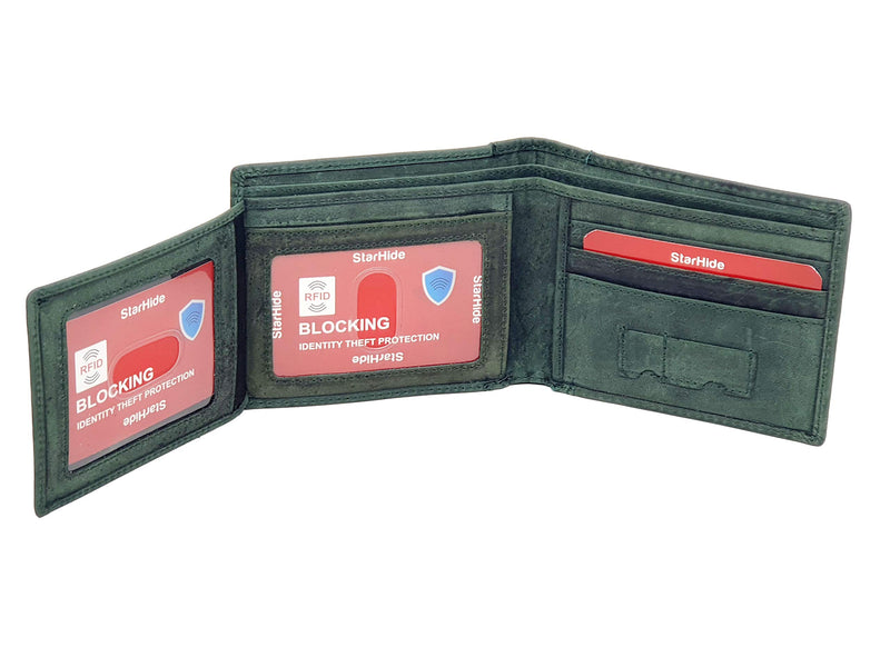 STARHIDE Mens RFID Blocking Genuine Distressed Hunter Leather Trifold Wallet 1145