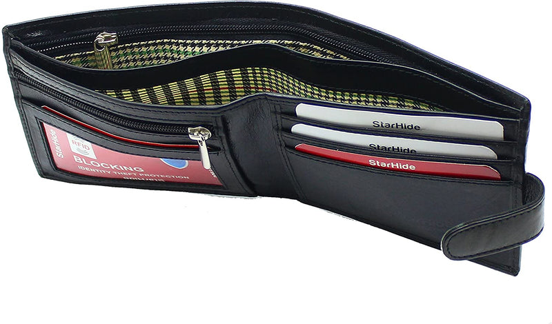 Starhide Essentials RFID Blocking Genuine Leather Billfold Wallets for Men with Zip Coin Pocket Gift Box 1100 (Black)