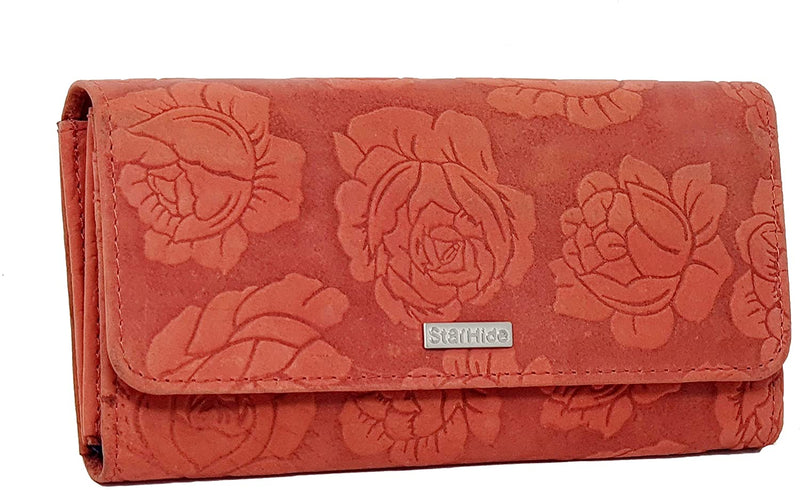 StarHide Womens RFID Protected Embossed Floral Purse Distressed Hunter Leather 5580 (Red)