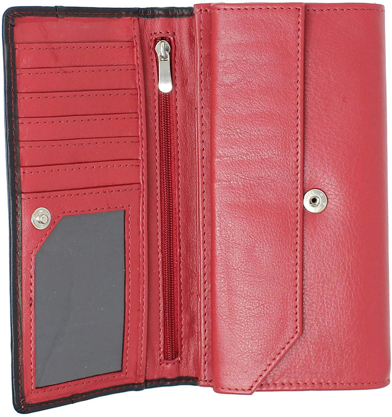 StarHide Women RFID Blocking Leather Flap Over Long Clutch Wallet Red Black 5560