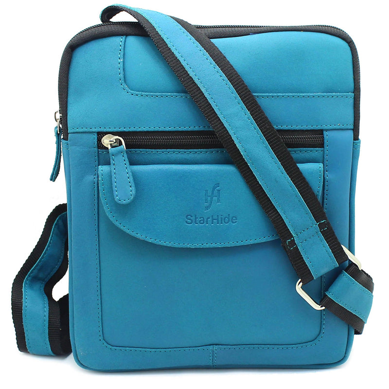 STARHIDE Mens Womens Distressed Hunter Genuine Leather Travel Messenger Bag For Ipad Tablet 505 (Turquoise)