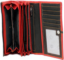 Morucha Long Flap Over Purse For Women Genuine Leather RFID Blocking Clutch Wallet M15 (Red & Black)