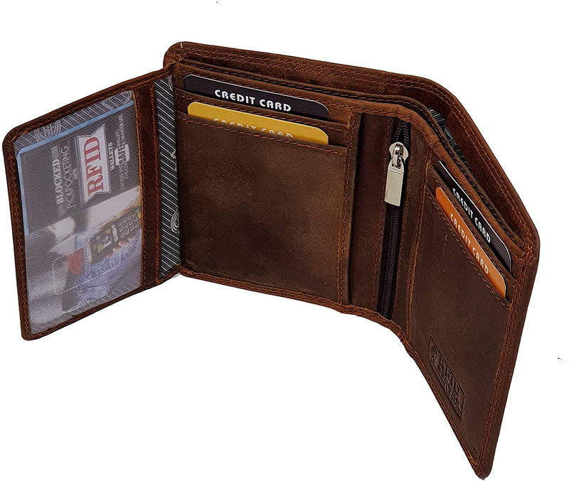 MORUCHA Mens RFID Blocking Compact Genuine Distressed Hunter Leather Trifold Wallet M45 Brown