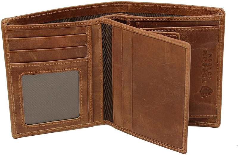 Mens RFID Blocking Real Distressed Leather Trifold Id and Coin Pocket Wallet For Men 4020 Tan