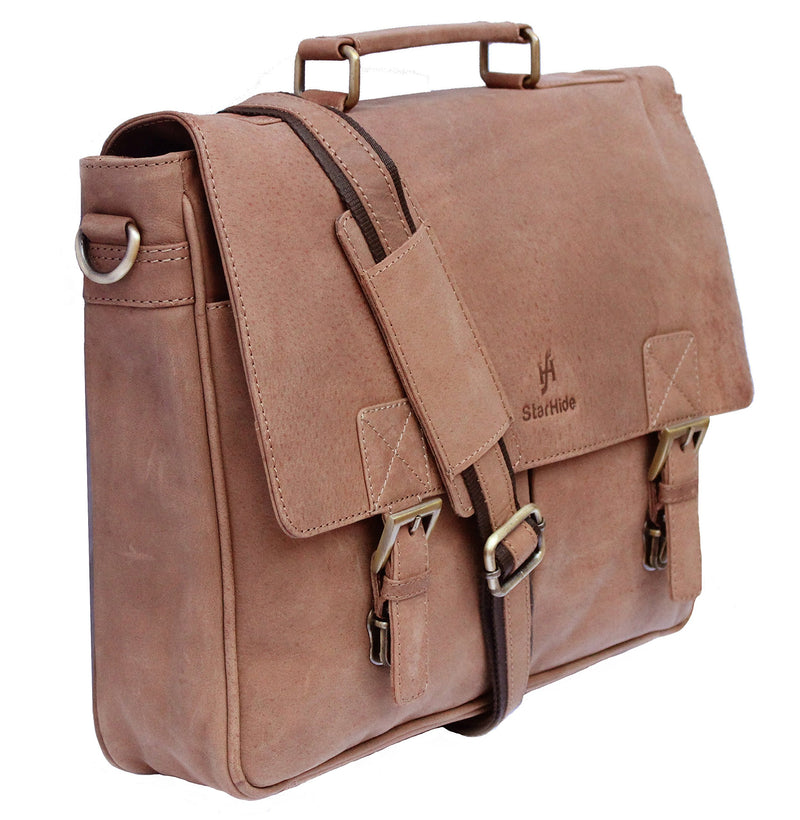 STARHIDE 15.5" Laptop Genuine Distressed Hunter Leather Top Handle Shoulder Messenger Travel Bag Adjustable Strap 535 Brown