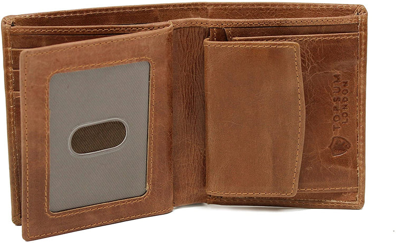 Mens RFID Blocking Real Distressed Leather Trifold Id and Coin Pocket Wallet For Men 4020 Tan