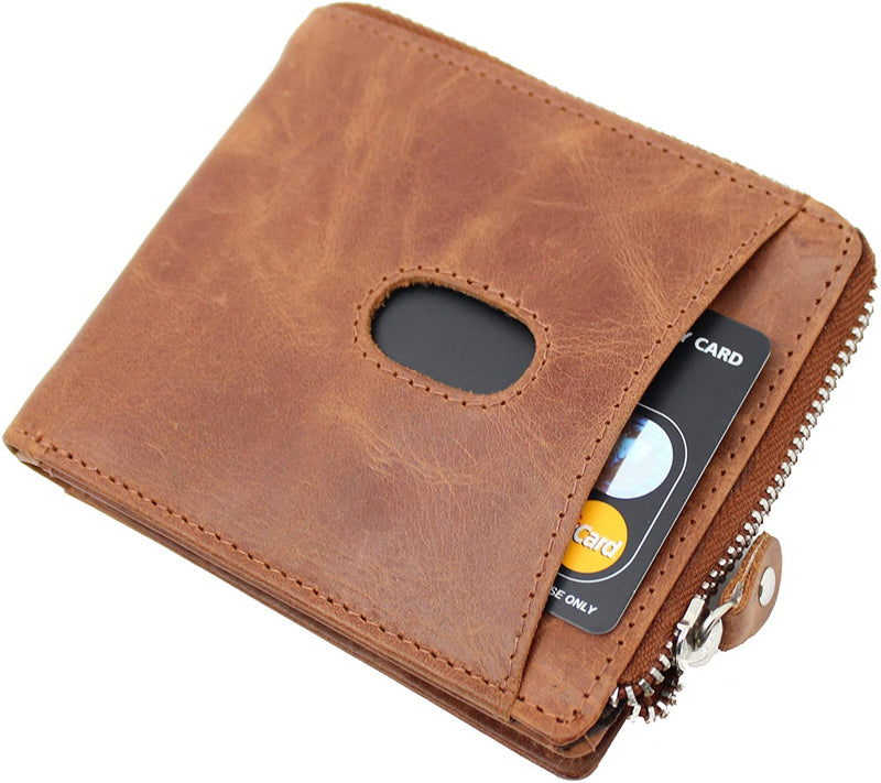 TOPSUM LONDON Mens RFID Blocking Billfold Genuine Leather Zipper Wallet 4017 Tan
