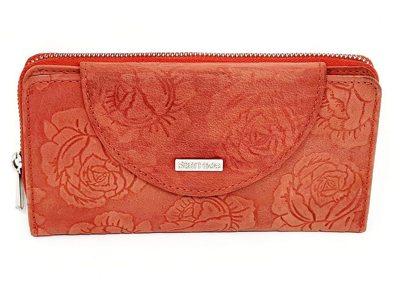 STARHIDE Womens RFID Blocking Embossed Floral Real Distressed Hunter Leather Purse 5570 (Red)