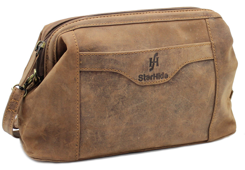 STARHIDE Top Framed Zipped Genuine Distressed Hunter Leather Hanging Toiletry Wash Shaving Cosmetic Bag 550 Brown