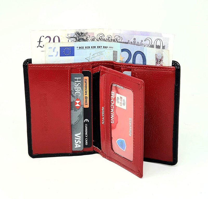 STARHIDE Minimalist Slim Wallets for Men RFID Blocking Genuine Leather Small Wallet with Zip Coin Pocket 815 (Black Red)