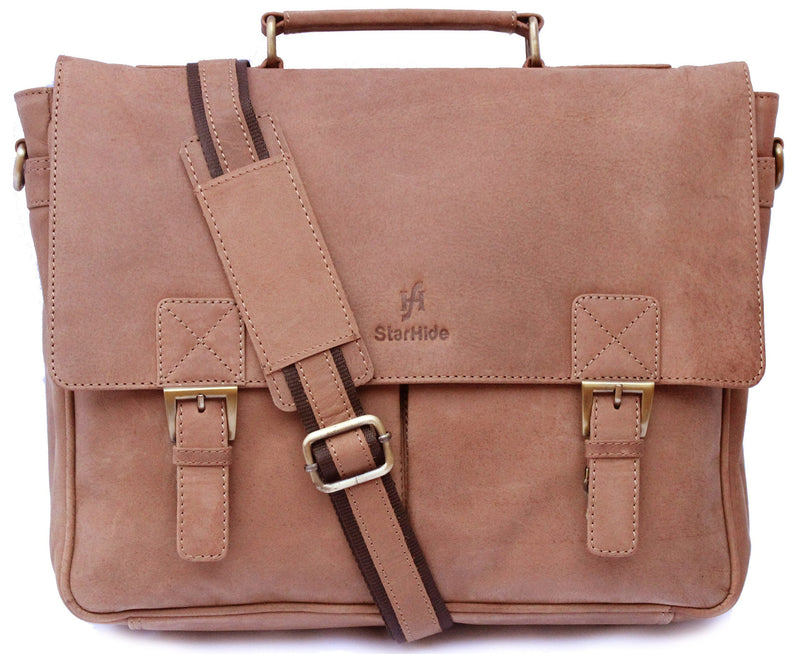 STARHIDE 15.5" Laptop Genuine Distressed Hunter Leather Top Handle Shoulder Messenger Travel Bag Adjustable Strap 535 Brown
