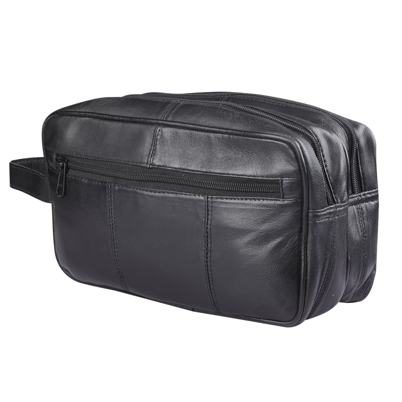 RAS Mens Washbag | Large Genuine Leather Travel Overnight Wash Gym Toiletry Shaving Bag 3520 Black