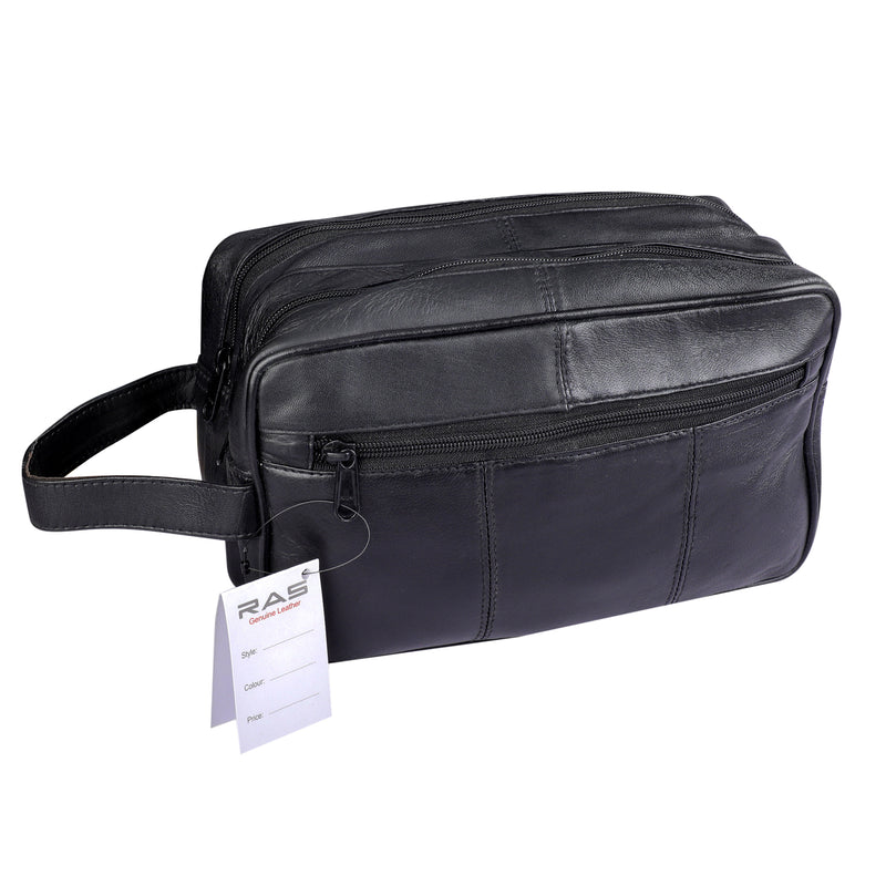 RAS Mens Washbag | Large Genuine Leather Travel Overnight Wash Gym Toiletry Shaving Bag 3520 Black