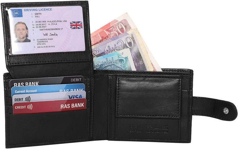 RAS Handcrafted Black Leather Wallet with Flip Up ID Slot | RFID Blocking Mens Coin Pocket Wallet 350 (Black)