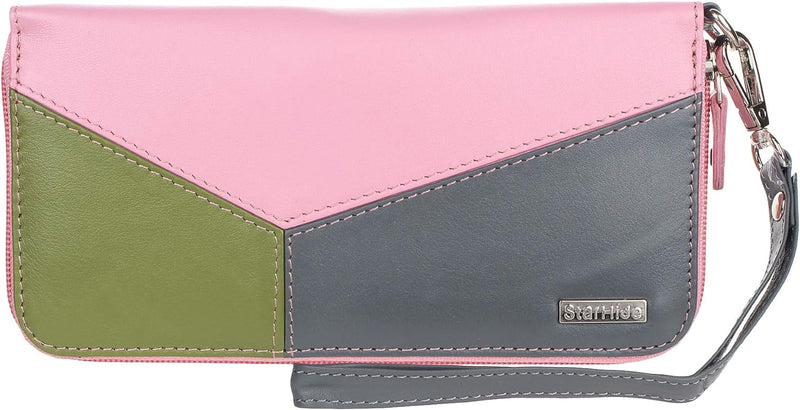 STARHIDE RFID Blocking Multicolored Women's Wallet - Genuine Slim Leather Cardholder Purse with Full Zip Closure, Detachable Wrist Strap, and Stylish Design 5610 (Pink/Grey/Green)