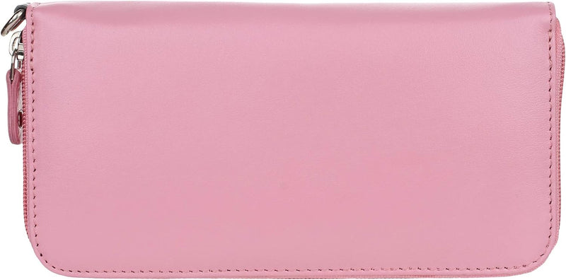 STARHIDE RFID Blocking Multicolored Women's Wallet - Genuine Slim Leather Cardholder Purse with Full Zip Closure, Detachable Wrist Strap, and Stylish Design 5610 (Pink/Grey/Green)